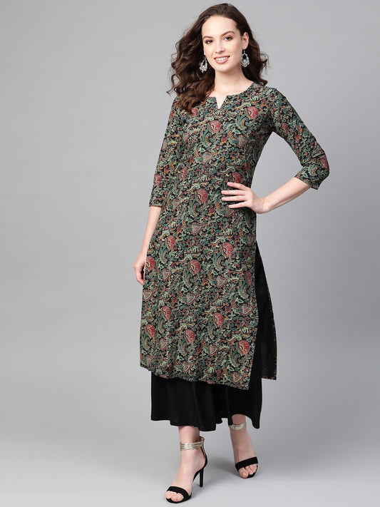 Sweetheart Neck Three Fourth Sleeve Calf Length Printed Straight Kurta