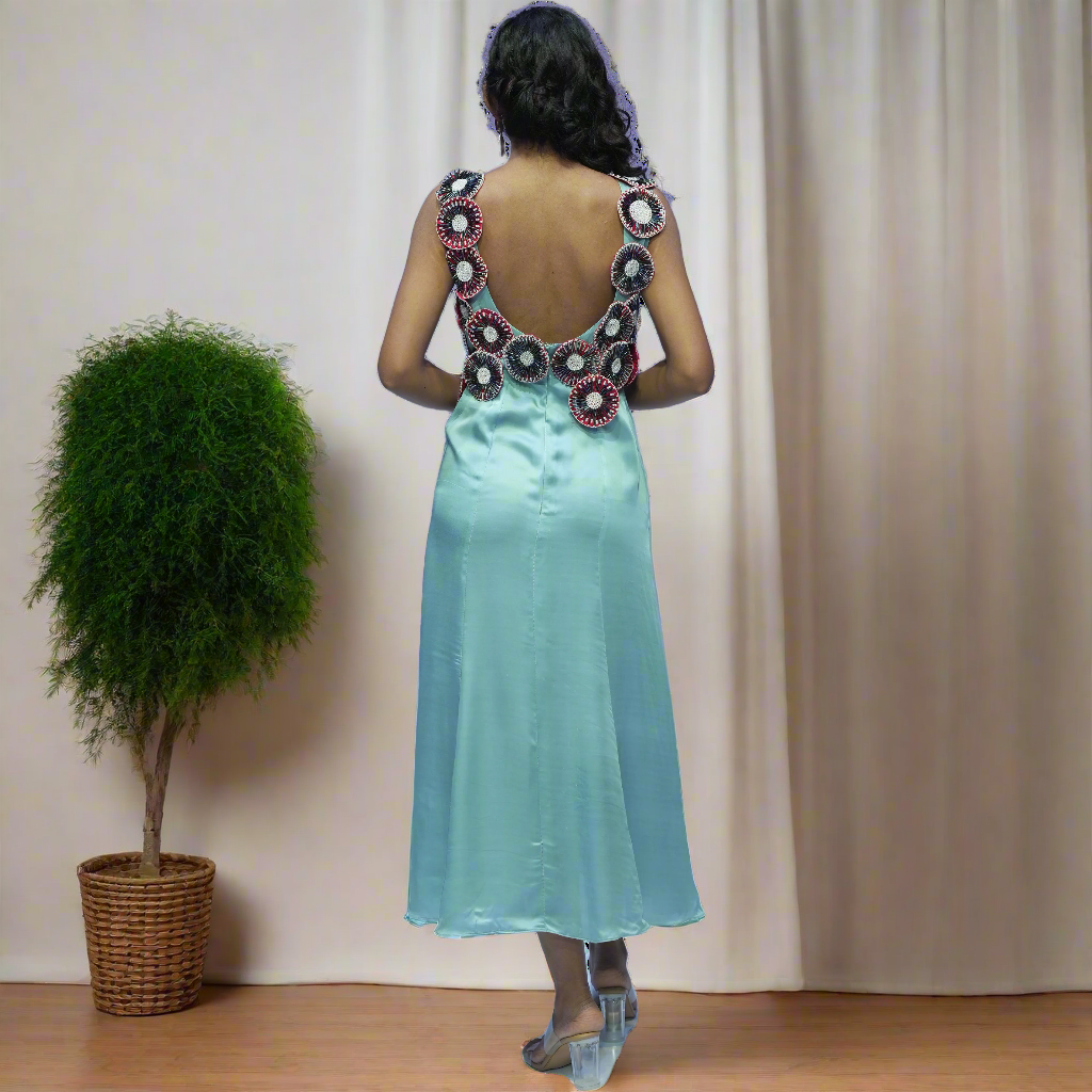 Ice Blue 3D Embroidered Deep Back U Neckline Flared Body Rita Dress