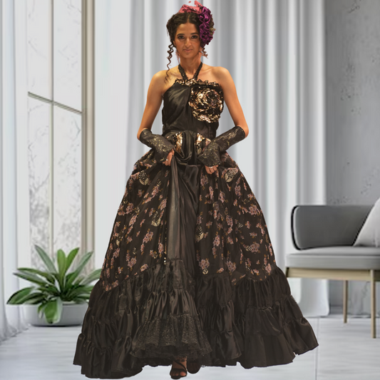 Black Organza Floral Golden Sequin Ball Gown