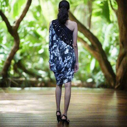 A-Symmetrical Printed Lycra Draped Knee Length Dress