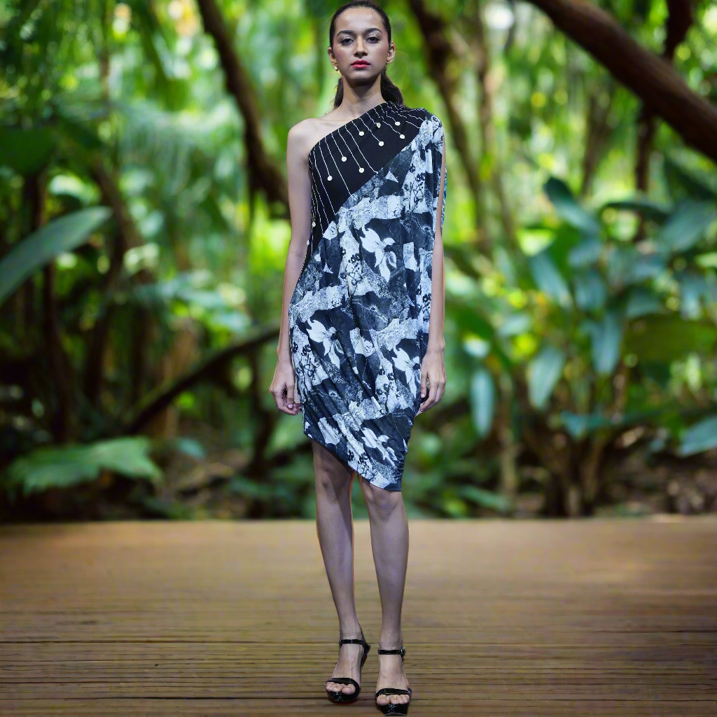 A-Symmetrical Printed Lycra Draped Knee Length Dress