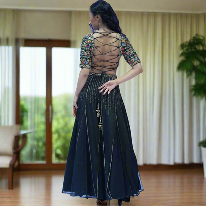 Black Vegan Silk Hand Embroidery Eila Lehnga Set