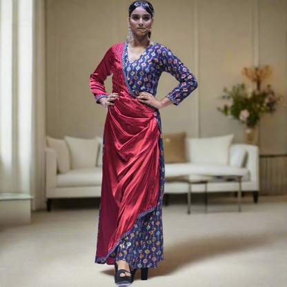 Red Blue Satin Zari Worked Cotton Ethnic Gown