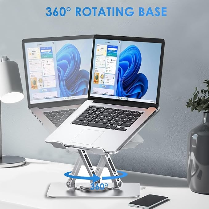 Silver Ergonomic Foldable Portable Adjustable Laptop Stand with 360 Rotating Base Tabletop Laptop Stand Holder