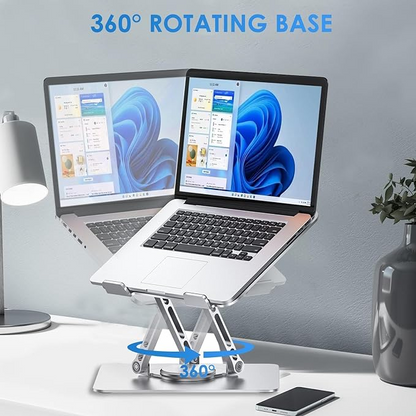 Silver Ergonomic Foldable Portable Adjustable Laptop Stand with 360 Rotating Base Tabletop Laptop Stand Holder