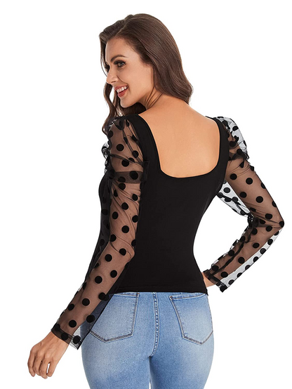 Sweetheart Neck Mesh Puff Sleeve Slim Fitted Tee Top