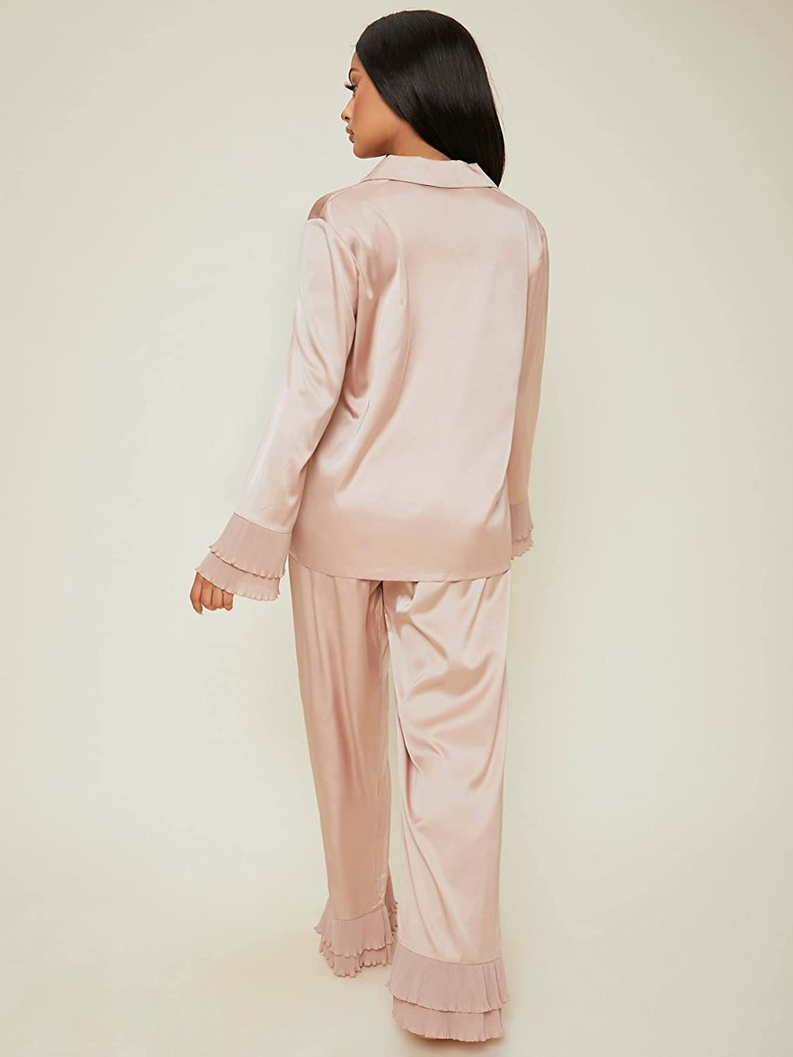 Satin Notch Collar Top and Ruffle Hem Pants Pyjama Sleepwear Set