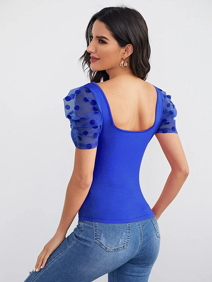 Sweetheart Neck Mesh Puff Sleeve Slim Fitted Tee Top