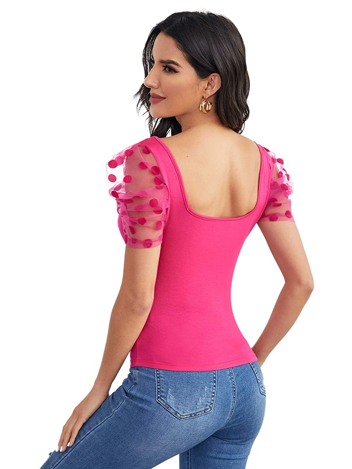 Sweetheart Neck Mesh Puff Sleeve Slim Fitted Tee Top