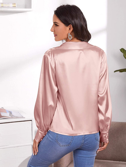 Draped Front Deep V-Neck Long Sleeve Silk Satin Blouse Top