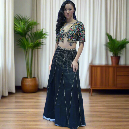 Black Vegan Silk Hand Embroidery Eila Lehnga Set