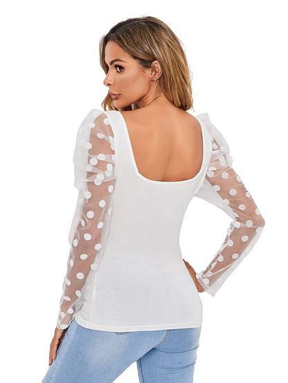 Sweetheart Neck Mesh Puff Sleeve Slim Fitted Tee Top