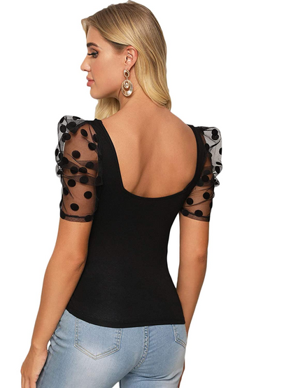 Sweetheart Neck Mesh Puff Sleeve Slim Fitted Tee Top