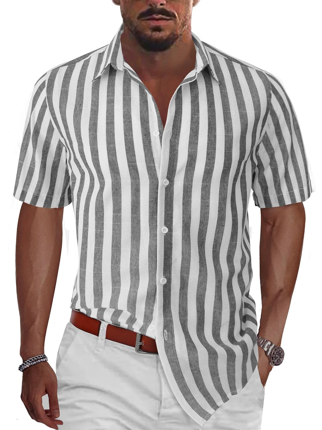 Striped Print Button Front Short Sleeve Shirt