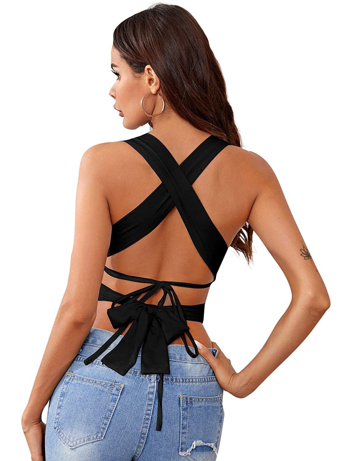 Lace Up Criss Cross Cut Out Plunge Backless Crop Tank Top