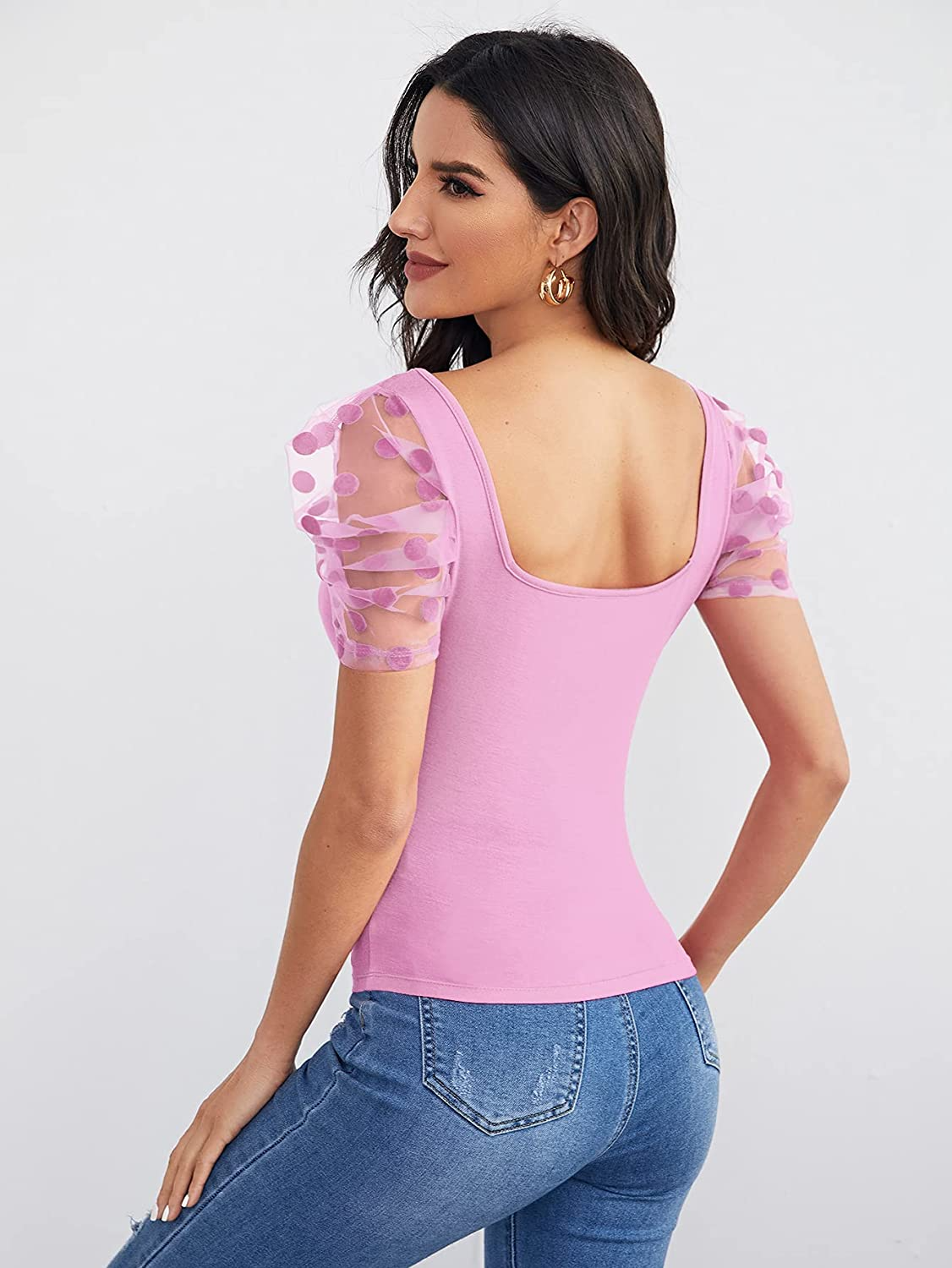 Sweetheart Neck Mesh Puff Sleeve Slim Fitted Tee Top