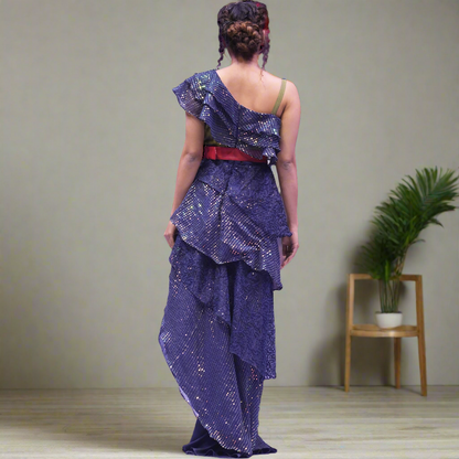 Egyptian Blue Frilled Jumpsuit With Raw Silk Trouser