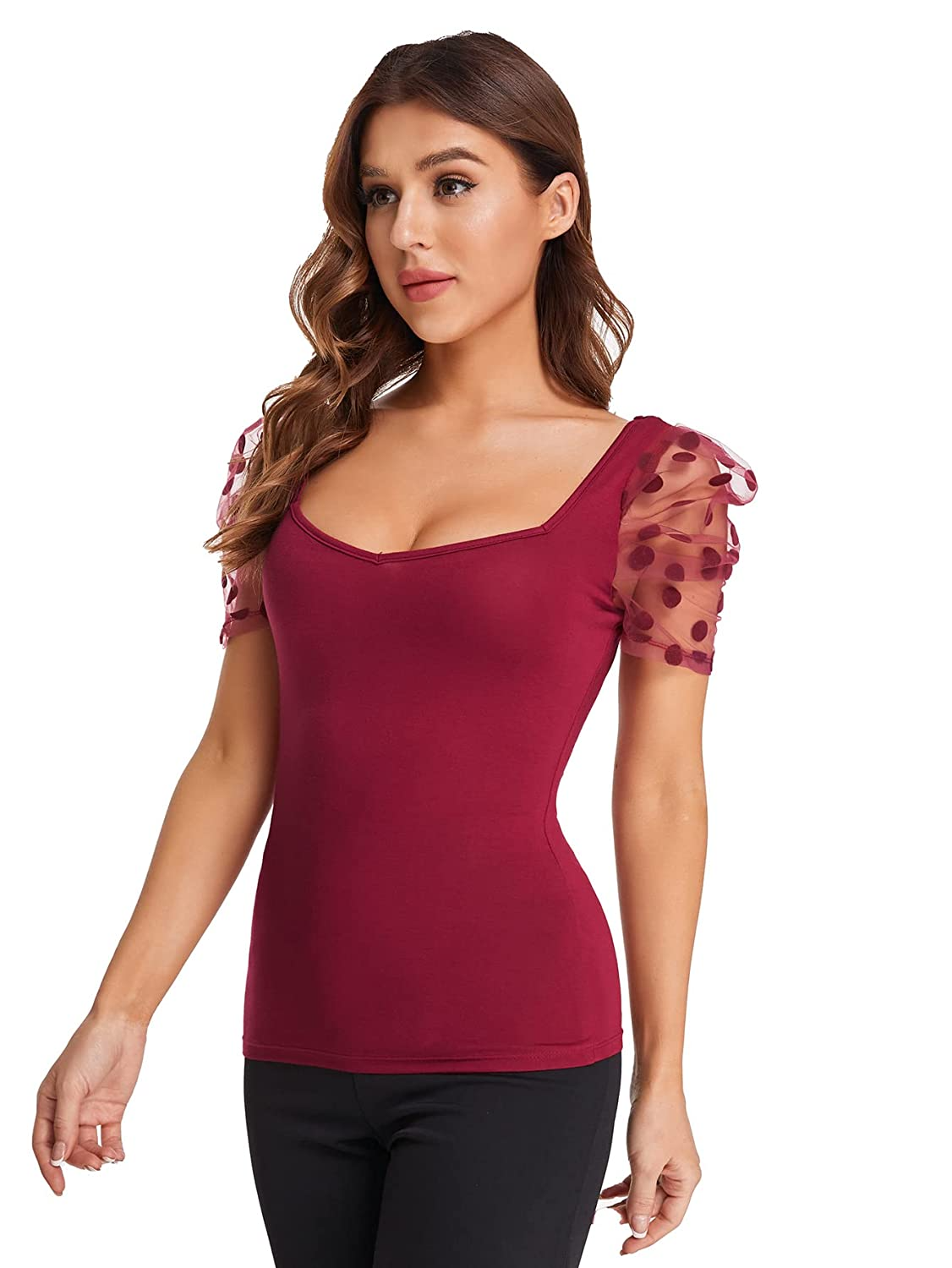 Sweetheart Neck Mesh Puff Sleeve Slim Fitted Tee Top