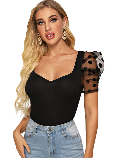 Sweetheart Neck Mesh Puff Sleeve Slim Fitted Tee Top