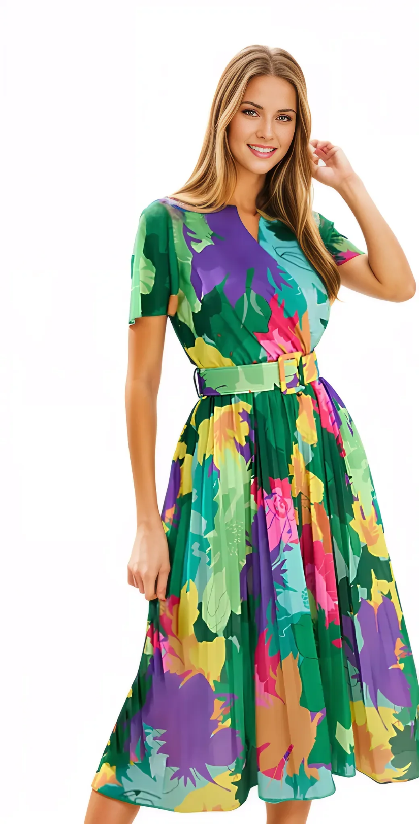 Multicolored Surplice Neck Short Sleeve Knee Lenght Pleated Skirt Dress