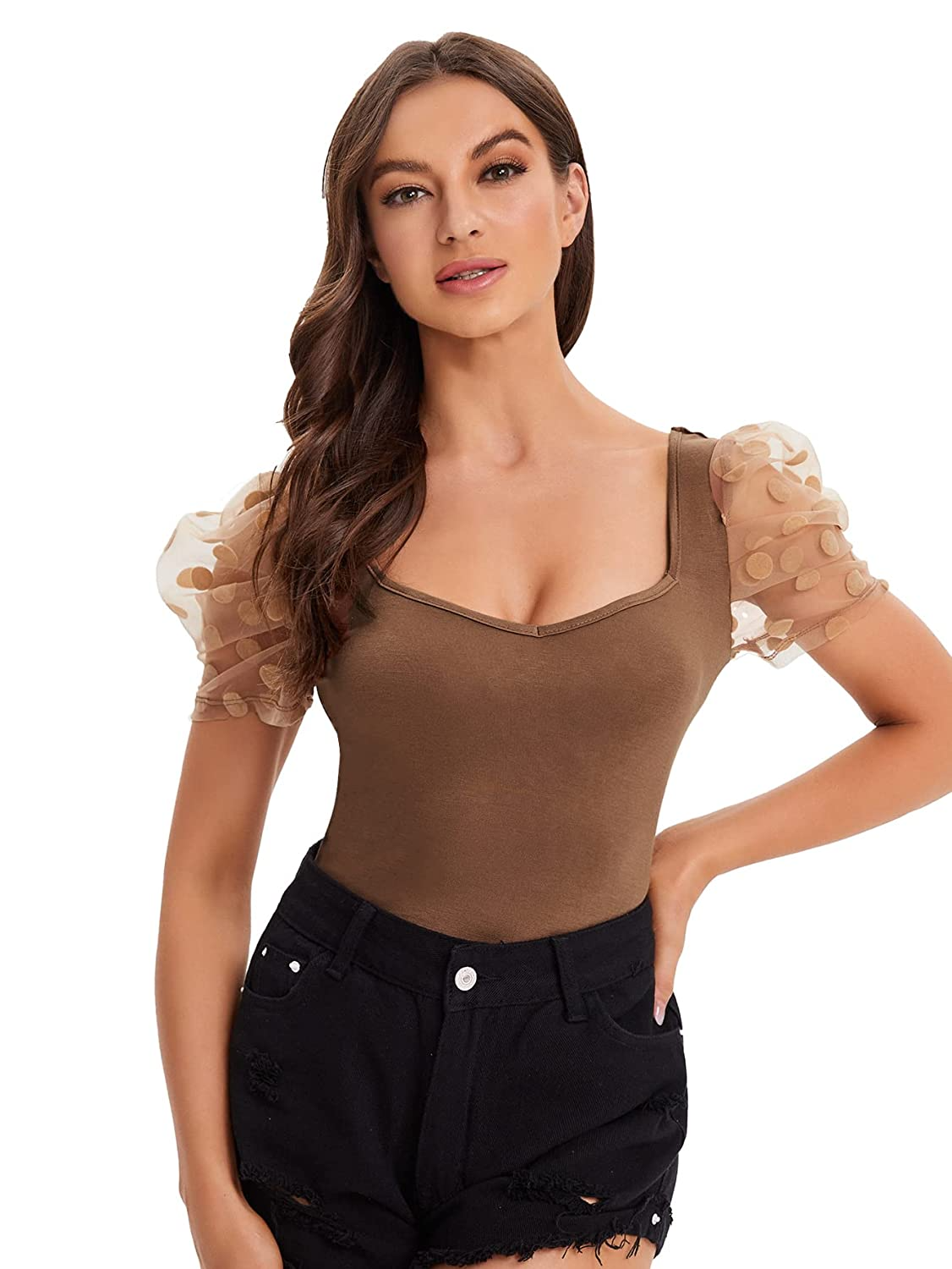 Sweetheart Neck Mesh Puff Sleeve Slim Fitted Tee Top