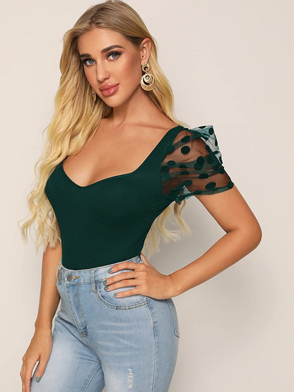 Sweetheart Neck Mesh Puff Sleeve Slim Fitted Tee Top