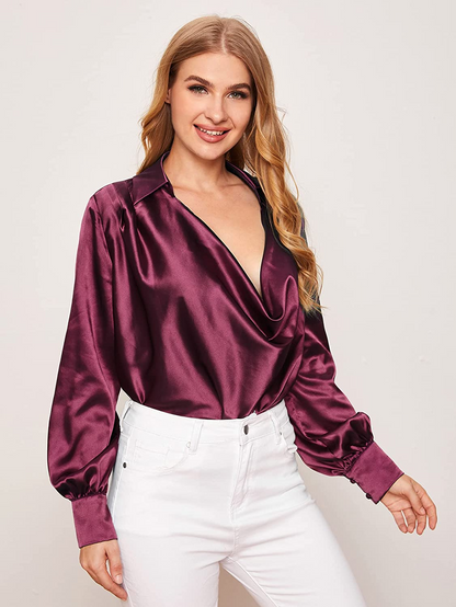 Draped Front Deep V-Neck Long Sleeve Silk Satin Blouse Top