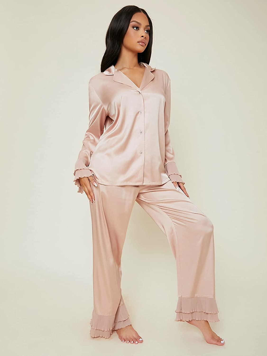 Satin Notch Collar Top and Ruffle Hem Pants Pyjama Sleepwear Set