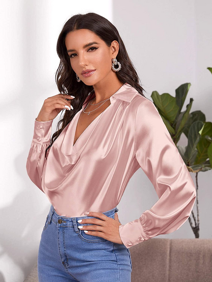 Draped Front Deep V-Neck Long Sleeve Silk Satin Blouse Top