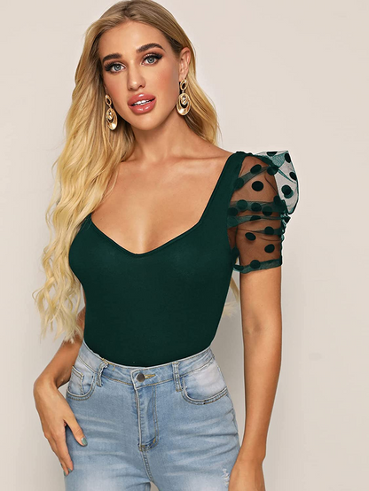 Sweetheart Neck Mesh Puff Sleeve Slim Fitted Tee Top