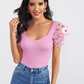 Sweetheart Neck Mesh Puff Sleeve Slim Fitted Tee Top