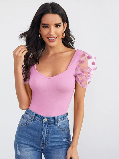 Sweetheart Neck Mesh Puff Sleeve Slim Fitted Tee Top