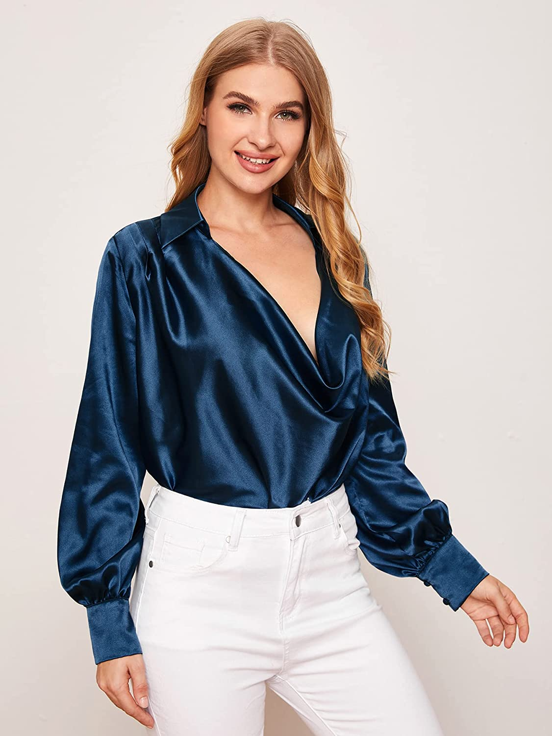 Draped Front Deep V-Neck Long Sleeve Silk Satin Blouse Top