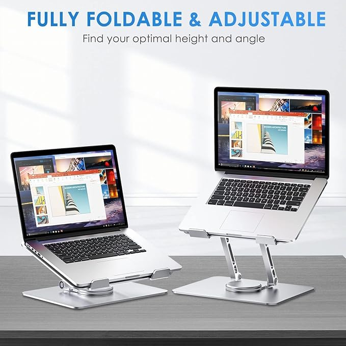 Silver Ergonomic Foldable Portable Adjustable Laptop Stand with 360 Rotating Base Tabletop Laptop Stand Holder