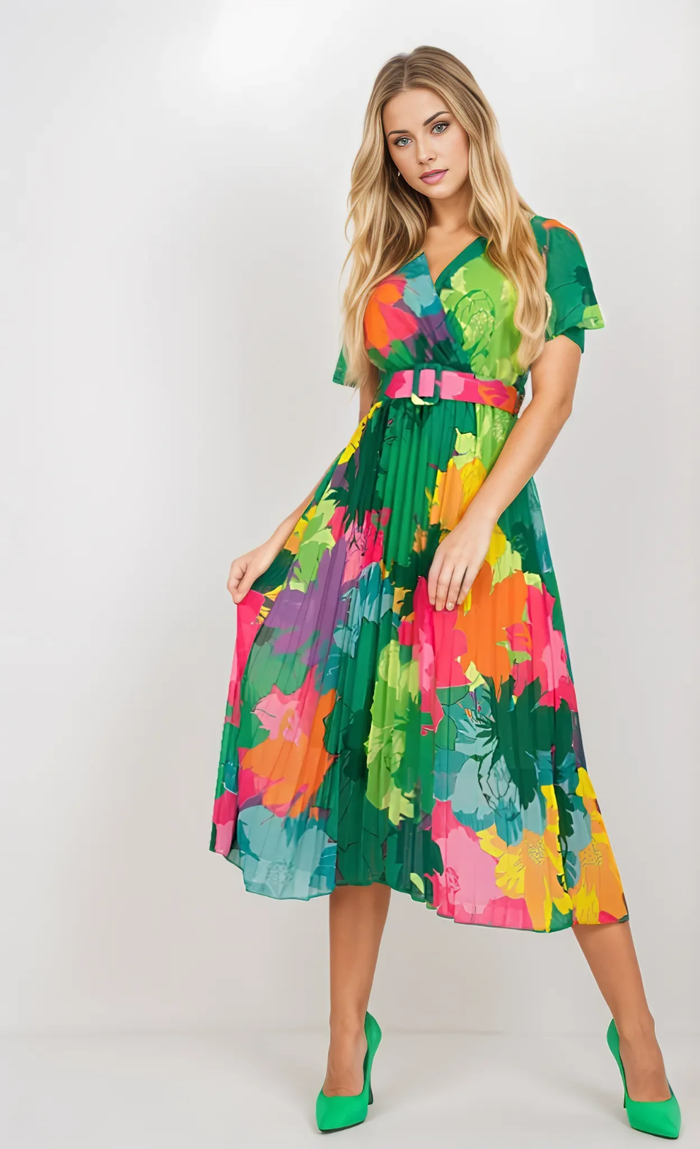 Multicolored Surplice Neck Short Sleeve Knee Lenght Pleated Skirt Dress