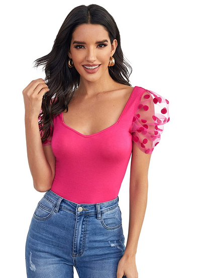 Sweetheart Neck Mesh Puff Sleeve Slim Fitted Tee Top