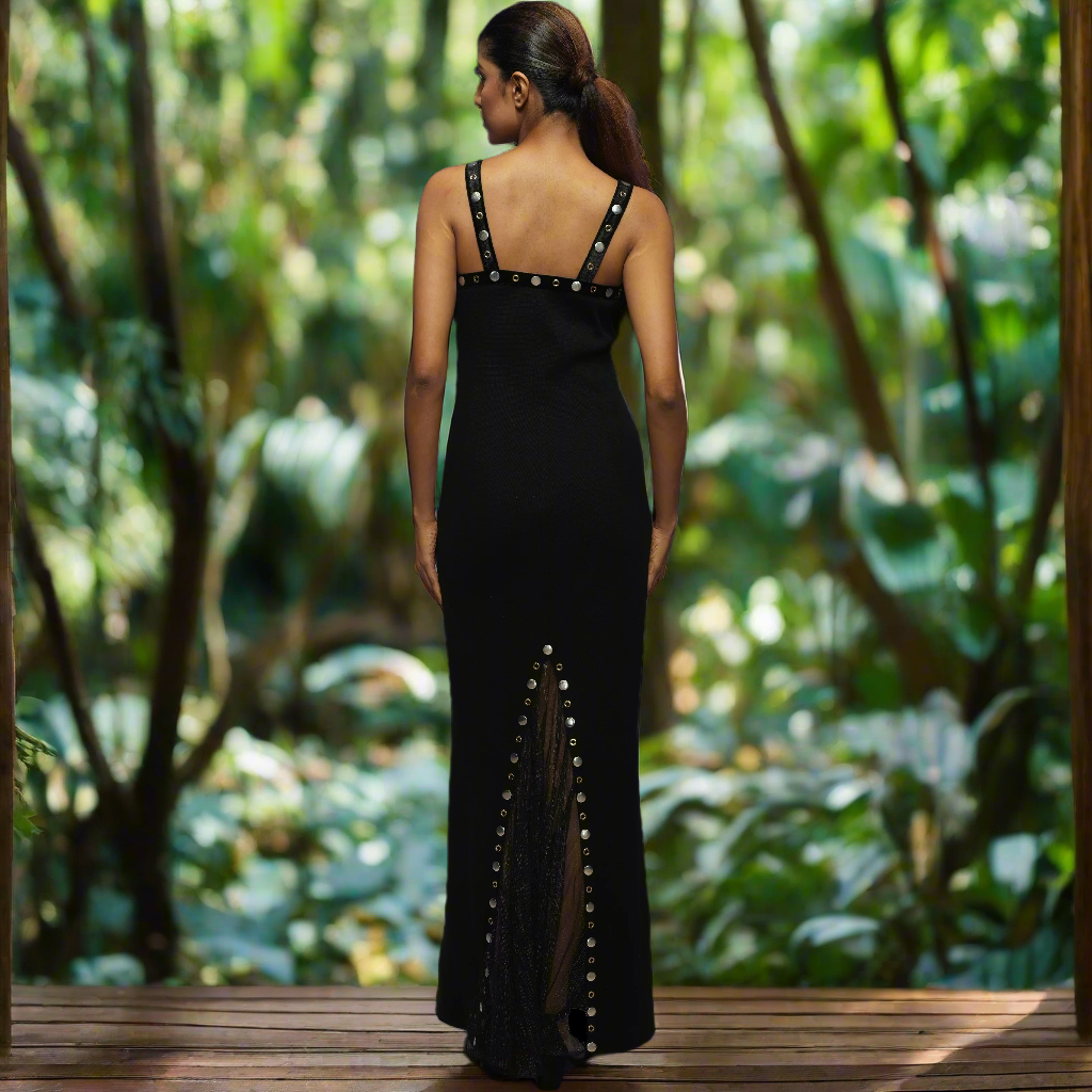 Black Knit Evening Gown With Tassel Neckline