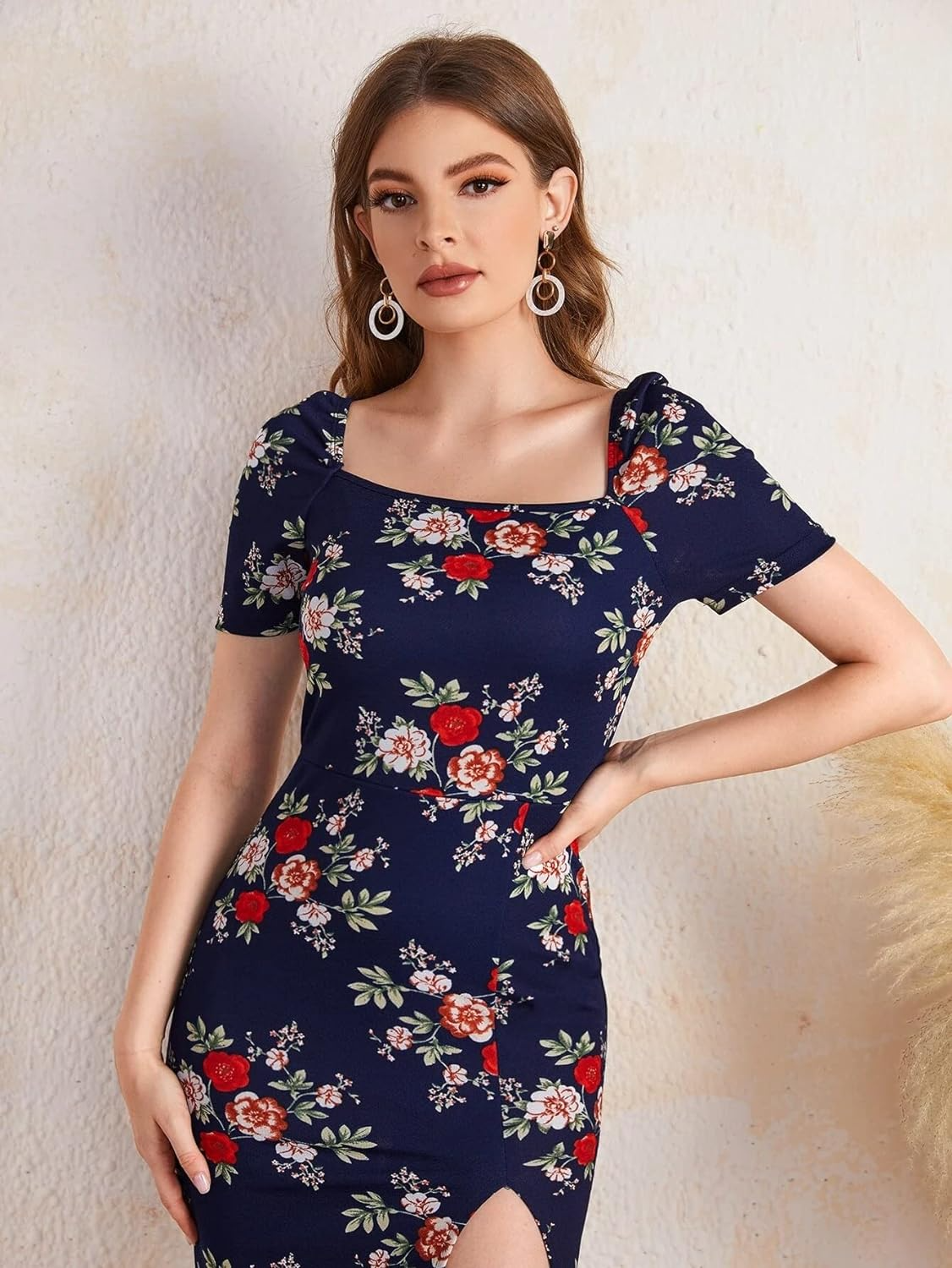 Square Neck Slim Fit Multi Color Flower Print Dress
