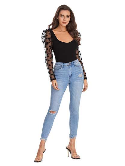 Sweetheart Neck Mesh Puff Sleeve Slim Fitted Tee Top