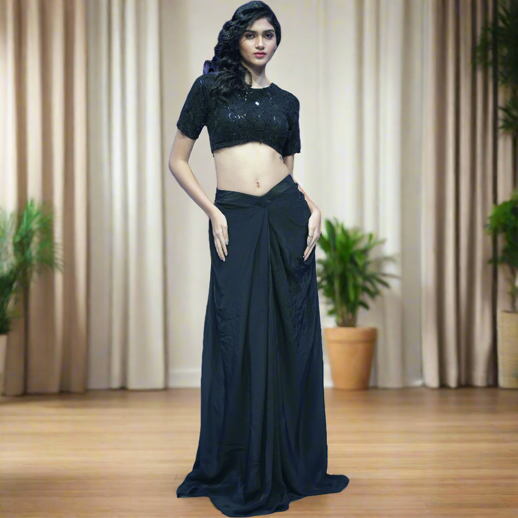 Black 3D Hand Embroidered With Pearls and Beads Half Sleeve Round Neck Blouse Saree Set