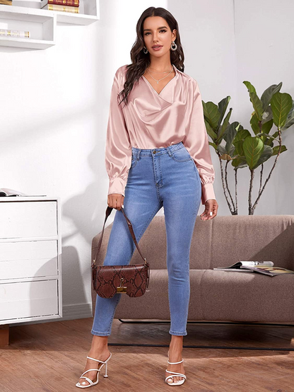 Draped Front Deep V-Neck Long Sleeve Silk Satin Blouse Top