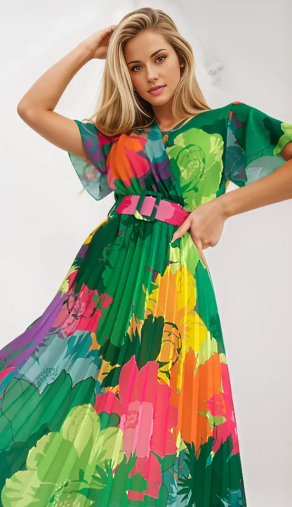 Multicolored Surplice Neck Short Sleeve Knee Lenght Pleated Skirt Dress