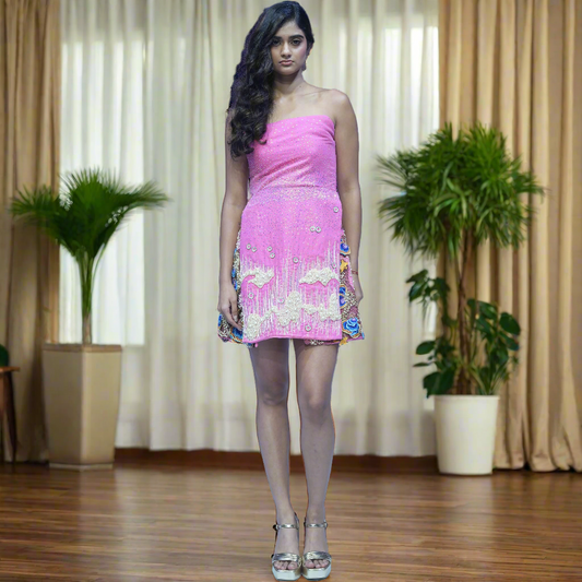 Fusia Pink 3D Embroidered with Pearls Maya Dress