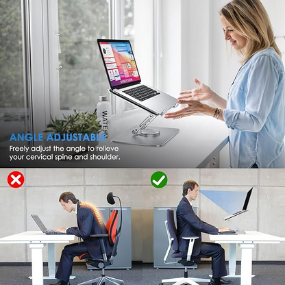 Silver Ergonomic Foldable Portable Adjustable Laptop Stand with 360 Rotating Base Tabletop Laptop Stand Holder