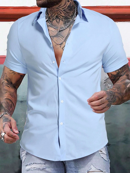 Solid Button Up Slim Fit Short Sleeve Shirt