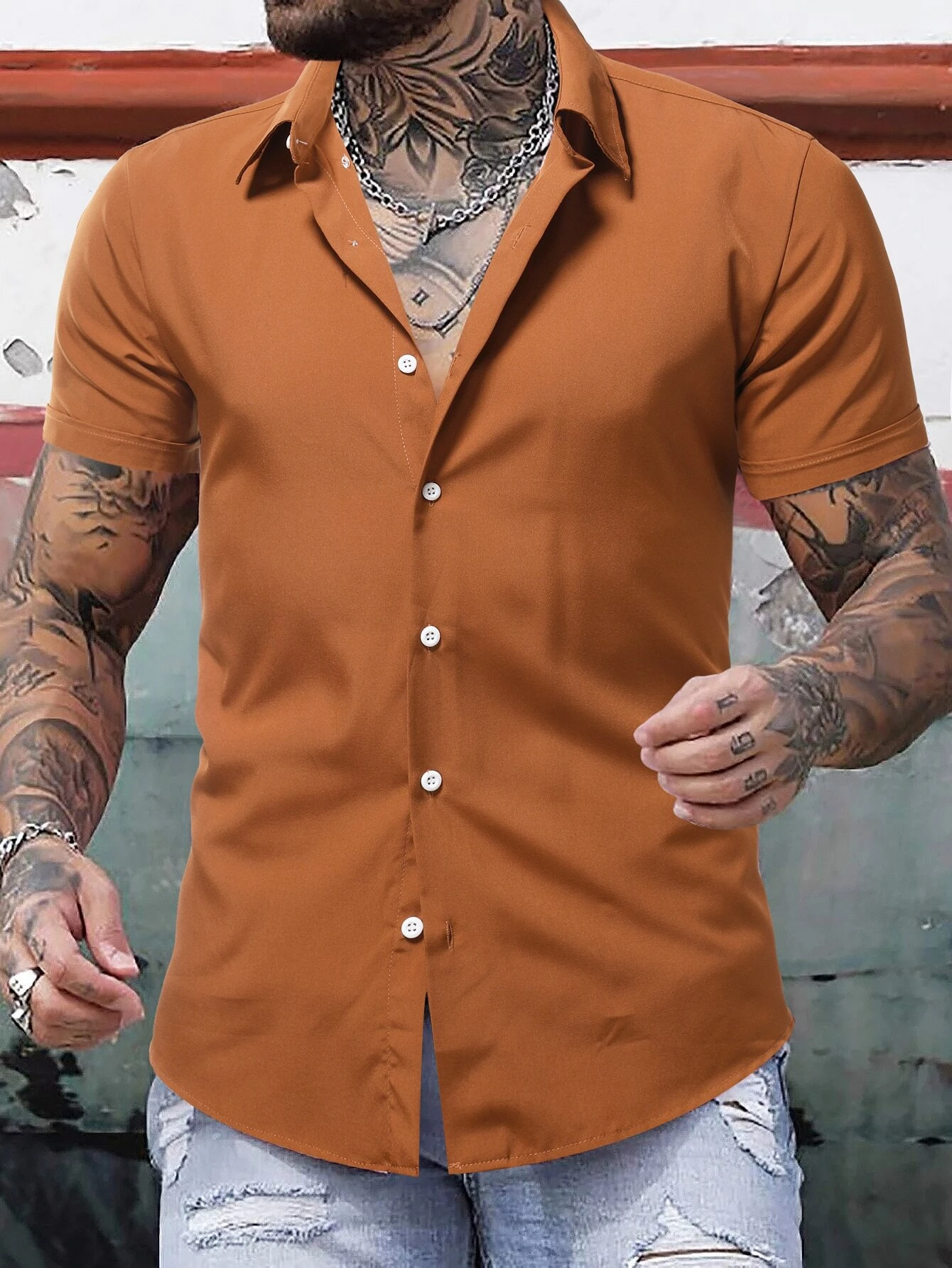 Solid Button Up Slim Fit Short Sleeve Shirt