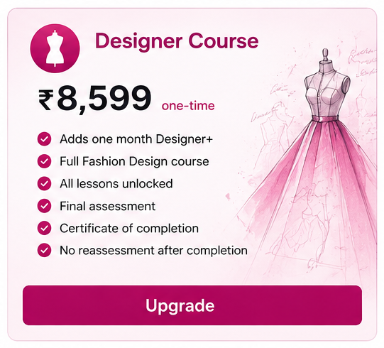 Advertisement for a Designer Course with a pink dress on a mannequin and text detailing course features.