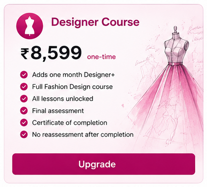 Advertisement for a Designer Course with a pink dress on a mannequin and text detailing course features.