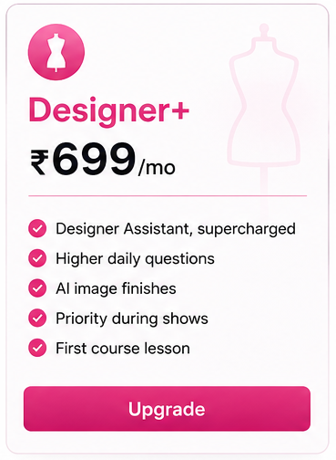 Designer+ subscription plan with pricing and features on a white background