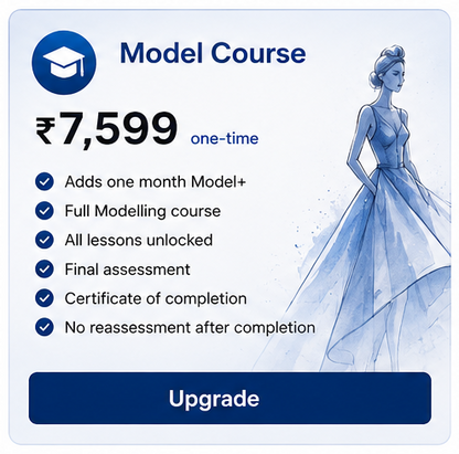Model course upgrade package with pricing and features, featuring a stylized illustration of a model in a gown.